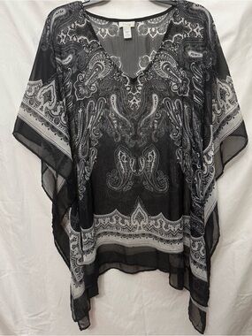 Chico's Traveler's Paisley V-Neck Poncho Top - Black/White, One Size